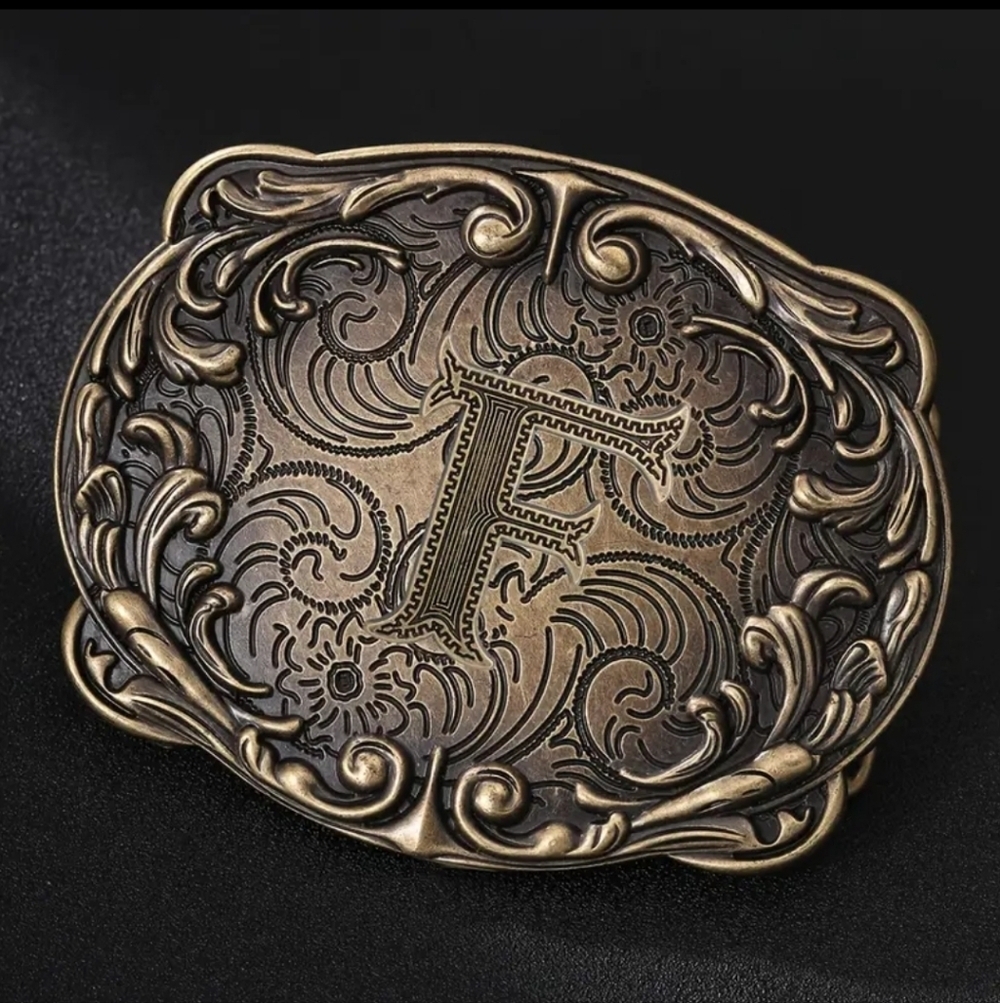 Western Initial “F” Belt Buckle – Monogram Floral Scroll – Cowboy Cowgirl